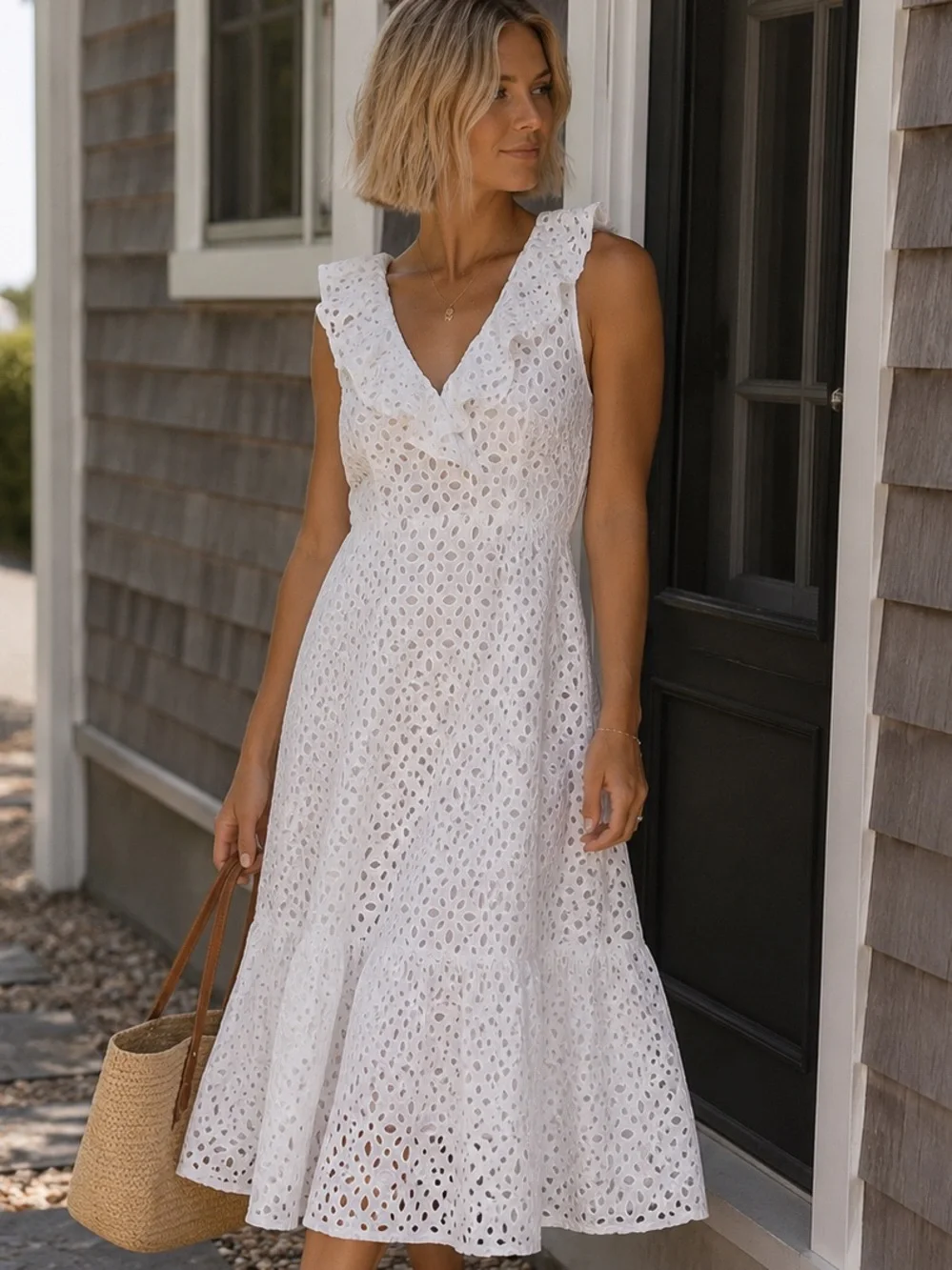 J.Crew White Eyelet Ruffle Maxi Dress Size 6 Coastal Cottagecore - Picture 1 of 7